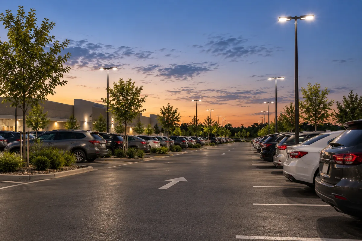 Estacionamiento iluminado al atardecer